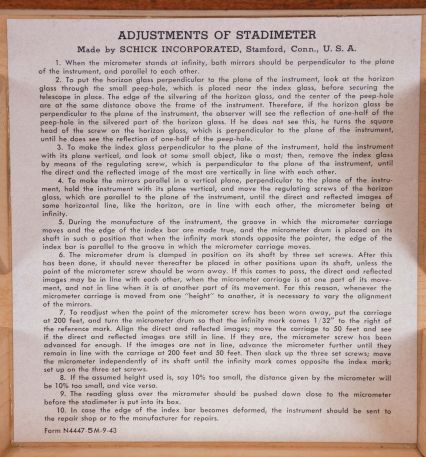 Instruments- 2 (Two) Stadimeters: Schick Incorporated, Stamford, Conn., for U.S. Navy and U.S. Maritime Commission, stadimeters (optical ranger finders), pierced metal frames with black crinkle finish, silvered scales for inputting ship