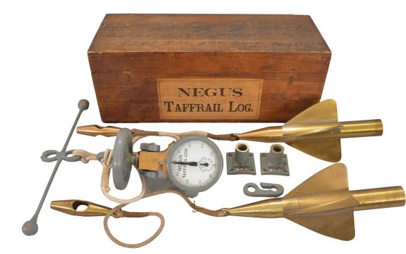 T.S. & J.D. Negus, New York, "Negus Improved Taffrail Log", gray painted brass body with enamel dial reading to 100 and subsidiary dial reading to 10, two brass rotors, mounting shoes, and other accessories, all in a fitted wood box with paper label on the outside and directions under the lid, as well as a hand-written note on the top of the lid reading "Note: Do not sell log without permission from Mr. Negus", patented 1892.