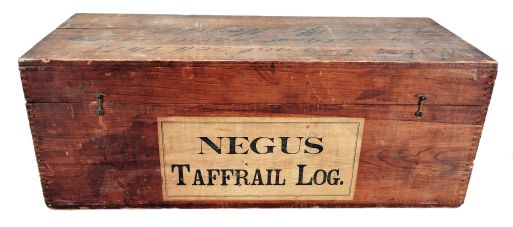 T.S. & J.D. Negus, New York, "Negus Improved Taffrail Log", gray painted brass body with enamel dial reading to 100 and subsidiary dial reading to 10, two brass rotors, mounting shoes, and other accessories, all in a fitted wood box with paper label on the outside and directions under the lid, as well as a hand-written note on the top of the lid reading "Note: Do not sell log without permission from Mr. Negus", patented 1892.