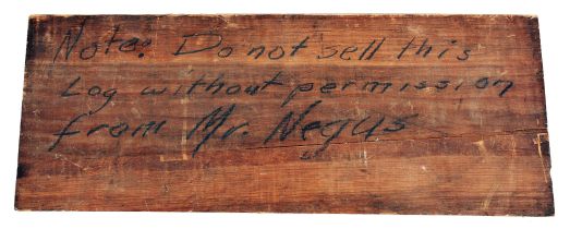 T.S. & J.D. Negus, New York, "Negus Improved Taffrail Log", gray painted brass body with enamel dial reading to 100 and subsidiary dial reading to 10, two brass rotors, mounting shoes, and other accessories, all in a fitted wood box with paper label on the outside and directions under the lid, as well as a hand-written note on the top of the lid reading "Note: Do not sell log without permission from Mr. Negus", patented 1892.