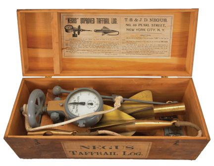 T.S. & J.D. Negus, New York, "Negus Improved Taffrail Log", gray painted brass body with enamel dial reading to 100 and subsidiary dial reading to 10, two brass rotors, mounting shoes, and other accessories, all in a fitted wood box with paper label on the outside and directions under the lid, as well as a hand-written note on the top of the lid reading "Note: Do not sell log without permission from Mr. Negus", patented 1892.