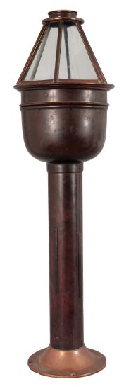 E.S. Ritchie & Sons Inc., Boston, Mass., brass binnacle, 5 inch liquid-filled compass signed "Negus" on gimballed mount covered by a hexagonal glazed brass case, two of the glasses with vertical sight lines, all on a cylindrical brass stand with flange base.