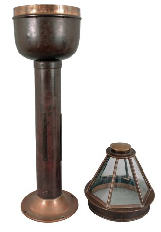 E.S. Ritchie & Sons Inc., Boston, Mass., brass binnacle, 5 inch liquid-filled compass signed "Negus" on gimballed mount covered by a hexagonal glazed brass case, two of the glasses with vertical sight lines, all on a cylindrical brass stand with flange base.