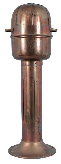 E.S. Ritchie & Sons, Pembroke, MA, brass binnacle, 5 inch liquid-filled compass on gimballed mount covered by a domed brass lid with two sliding doors flanked by lid handles, all on a cylindrical brass stand with flange base.