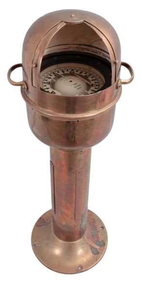 E.S. Ritchie & Sons, Pembroke, MA, brass binnacle, 5 inch liquid-filled compass on gimballed mount covered by a domed brass lid with two sliding doors flanked by lid handles, all on a cylindrical brass stand with flange base.