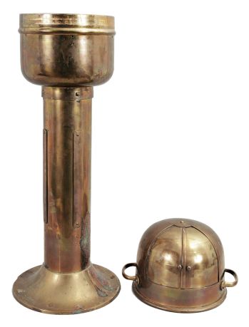 E.S. Ritchie & Sons, Pembroke, MA, brass binnacle, 5 inch liquid-filled compass on gimballed mount covered by a domed brass lid with two sliding doors flanked by lid handles, all on a cylindrical brass stand with flange base.