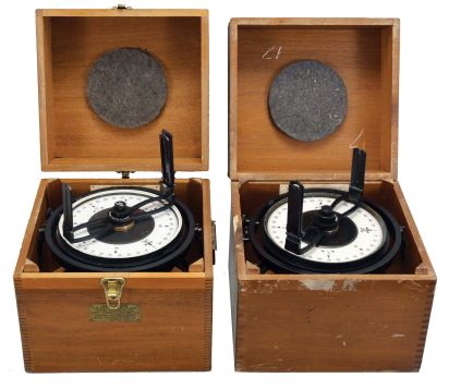 Instruments- 2 (Two) U.S. Navy Peloruses: Kelvin & Wilfred O. White Co., Boston, "U.S. Navy Standard Pelorus", 7.5 inch white illuminated dial, sighting vanes with dark glass reflector, concentric locking knobs, the instruments gimbal-mounted in finger-jointed mahogany boxes with paper instruction cards and mounting brackets.