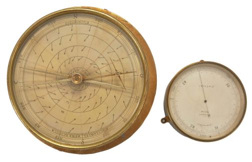 Instruments- 2 (Two) Weather Instruments: (1) W. Ludolph, Bremerhaven, Germany, "Cyklonometer", instrument for analyzing typhoon activity, brass case, 7 inch signed silver dial in two parts with compass rose on the outside and adjustable inner portion with arrows representing wind vectors, two adjustable cursors over the glass, one with distance markings. (2) Ross, London, "Intrepid" compensated barometer, 4 inch finely engraved silvered dial, blued steel pointer and adjustable needle on the inner edge of the bezel, all beneath beveled glass.