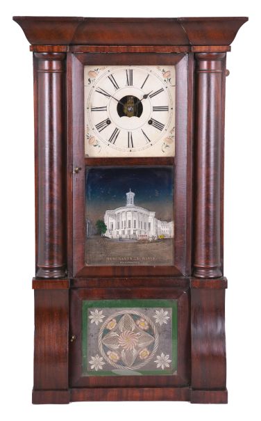 Birge, Peck & Co., Bristol, Conn., Cornice and Column shelf clock with a weight driven, 8 day, time and strike brass strap movement in a mahogany case.