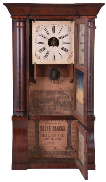 Birge, Peck & Co., Bristol, Conn., Cornice and Column shelf clock with a weight driven, 8 day, time and strike brass strap movement in a mahogany case.