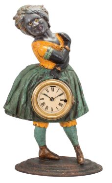 Bradley & Hubbard, Meriden, Conn., "Topsey" blinking eye shelf clock with a spring driven, 30 hour, timepiece with a balance wheel escapement in a painted cast iron case.