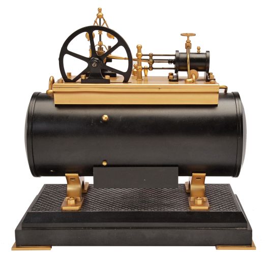 France, a rare, gilt and patinated, automated steam engine compendium, the horizontal boiler mounted to a cast floor with crosshatched surface, and resting on a black slate base, boiler fitted with an 8 day, timepiece and aneroid barometer, both with silvered dials and flanking the central thermometer with silvered scale, and surmounted by the engine flywheel, governor, cylinder and valve, the flywheel, piston, and governor powered by a movement concealed in the cylinder, the motion started and stopped through the screw in the cylinder valve, the valve front with plaque marked "D. H. Depose"