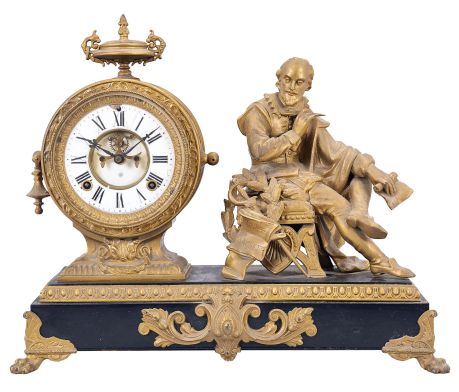 Ansonia Clock Co., New York, "Shakespeare" statue mantel clock with an 8 day spring driven time and strike movement with visible escapement in an enameled iron base with a bronzed spelter statue.