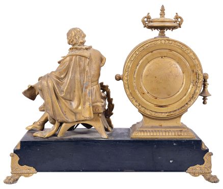 Ansonia Clock Co., New York, "Shakespeare" statue mantel clock with an 8 day spring driven time and strike movement with visible escapement in an enameled iron base with a bronzed spelter statue.