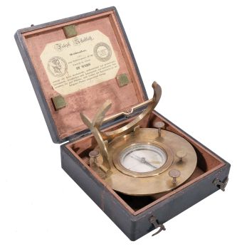 Josef Schablass, Vienna, Austria, equinoctial or equatorial sundial, folding gnomon mounted in hinged brass hour ring marked with both Roman and Arabic numerals, signed "J. Schablass in Wien" and "No. 48", brass latitude arc reading 0-90, glazed compass with 2.5 inch silvered dial, the cardinal points abbreviated in German, blued steel compass needle, circular brass base with three adjustable feet and needle-locking knob, all in fitted wood case with Schablass paper label under the lid.