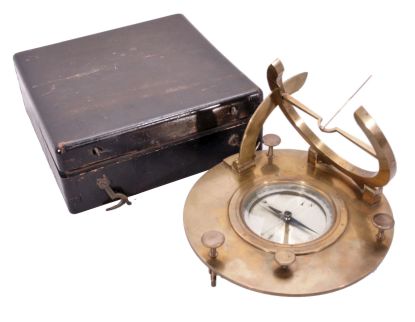 Josef Schablass, Vienna, Austria, equinoctial or equatorial sundial, folding gnomon mounted in hinged brass hour ring marked with both Roman and Arabic numerals, signed "J. Schablass in Wien" and "No. 48", brass latitude arc reading 0-90, glazed compass with 2.5 inch silvered dial, the cardinal points abbreviated in German, blued steel compass needle, circular brass base with three adjustable feet and needle-locking knob, all in fitted wood case with Schablass paper label under the lid.