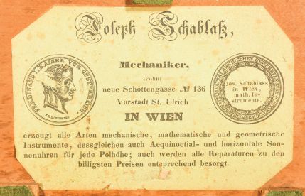Josef Schablass, Vienna, Austria, equinoctial or equatorial sundial, folding gnomon mounted in hinged brass hour ring marked with both Roman and Arabic numerals, signed "J. Schablass in Wien" and "No. 48", brass latitude arc reading 0-90, glazed compass with 2.5 inch silvered dial, the cardinal points abbreviated in German, blued steel compass needle, circular brass base with three adjustable feet and needle-locking knob, all in fitted wood case with Schablass paper label under the lid.