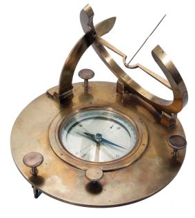 Josef Schablass, Vienna, Austria, equinoctial or equatorial sundial, folding gnomon mounted in hinged brass hour ring marked with both Roman and Arabic numerals, signed "J. Schablass in Wien" and "No. 48", brass latitude arc reading 0-90, glazed compass with 2.5 inch silvered dial, the cardinal points abbreviated in German, blued steel compass needle, circular brass base with three adjustable feet and needle-locking knob, all in fitted wood case with Schablass paper label under the lid.