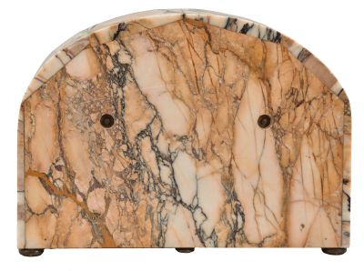 Bulle Clock, France, electro-mechanical mantel clock, time only, battery-powered movement in a variegated pink marble case with black marble border and bold lightning bold pattern, 5 inch brass dial with Arabic numerals and blued steel hands.