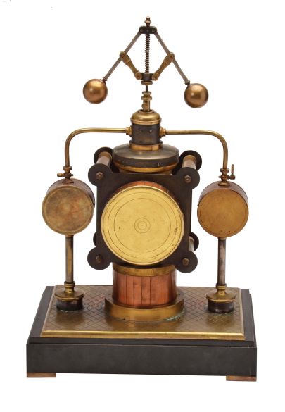 France- Andre Romain Guilmet, a rare Industrial steam boiler compendium with centrifugal governor pendulum, the stepped black slate base supporting a compass on a decorative stand, before a boiler with gilt and patinated silver surfaces and ribbed, copper base matching the clock case, the top having a cylindrical chamber with vent pipes attached to gauge form, flanking, white dialed thermometer and barometer, and concealing the helical suspension spring controlling the centrifugal governor form pendulum, Arabic numeral gilt dial, blued steel distaff hands, and 8 day pendule de Paris time and strike movement with Guilmet