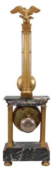 Robin Pere, a Paris, a marble and gilt bronze mystery clock, the variegated, green marble, portico style case with fluted pilasters flanking the dial, and supporting the entablature, surmounted by a gilt column with eagle finial, with knife edge stud for suspending the gridiron pendulum, signed, Roman numeral white enamel dial with pierced and engraved gilt hands, 8 day, two train movement striking the hours and half hour in passing,