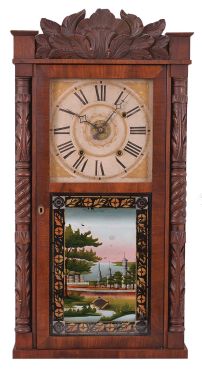 Boardman & Wells for Hiram Hunt, Bangor, Maine, 30 hour, time, strike and alarm weight wood movement carved column and crest shelf clock.