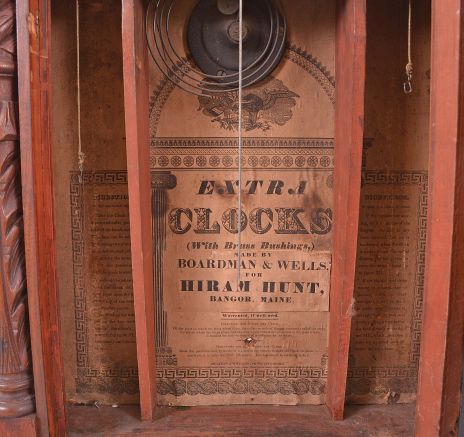 Boardman & Wells for Hiram Hunt, Bangor, Maine, 30 hour, time, strike and alarm weight wood movement carved column and crest shelf clock.