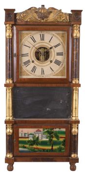 Birge, Mallory & Co., Bristol, Conn., 8 day, time and strike, weight brass movement triple decker shelf clock.
