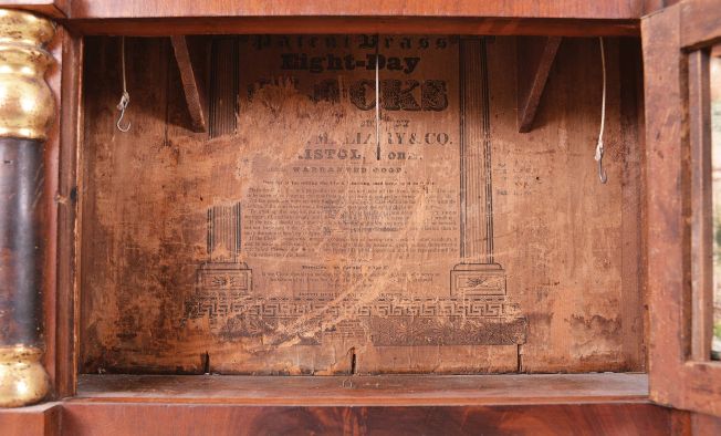 Birge, Mallory & Co., Bristol, Conn., 8 day, time and strike, weight brass movement triple decker shelf clock.