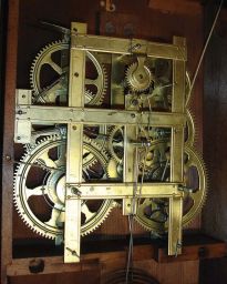 Birge, Mallory & Co., Bristol, Conn., 8 day, time and strike, weight brass movement triple decker shelf clock.