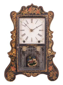 Brewster Manufacturing Co., Bristol, Conn., 8 day, time and strike, spring brass movement serpentine front shelf clock with gilt decoration.