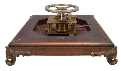 A. Cadot, Place Dauphine, Paris, a mahogany, gilt bronze mounted, floating turtle mystery clock, the case with square base on cast scroll feet, the upper portion with incurved sides with bronze mounts and molded top, supporting a water filled pewter bowl, the rim with engraved roman numerals, and arabic 15 minute markers, the turtle floating, and indicating the time, driven by a magnetic ring attached to the timepiece movement with lever platform concealed in the base, the back plate signed Samuel Marti, the front with Cadot