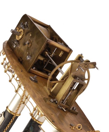France, possibly Andre Romain Guilmet, a rare silvered and gilt brass, automated, battleship form compendium, the vessel bow with ram, fourteen cannon, and four anchors, the gilt deck with capstan containing a compass, two revolving gun turrets, one having an 11 jewel lever timepiece, with roman numeral silvered dial and blued steel trefoil hands, the other with aneroid barometer, also with silvered dial, the stacks with mounted Fahrenheit and Centigrade thermometers, the stern with ships wheel and flag, above the articulated rudder and revolving propeller, a movement concealed in the ship