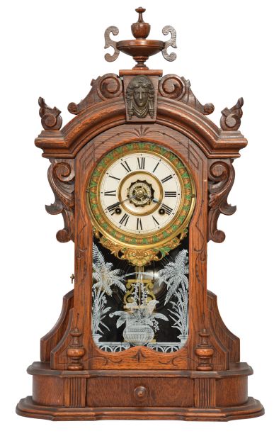 Ansonia Clock Co., New York, "Monarch", 8 day, time, strike and alarm spring brass movement shelf clock.