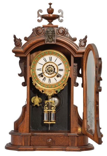 Ansonia Clock Co., New York, "Monarch", 8 day, time, strike and alarm spring brass movement shelf clock.