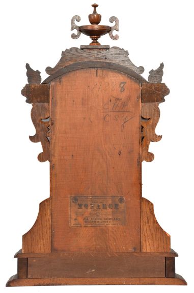 Ansonia Clock Co., New York, "Monarch", 8 day, time, strike and alarm spring brass movement shelf clock.