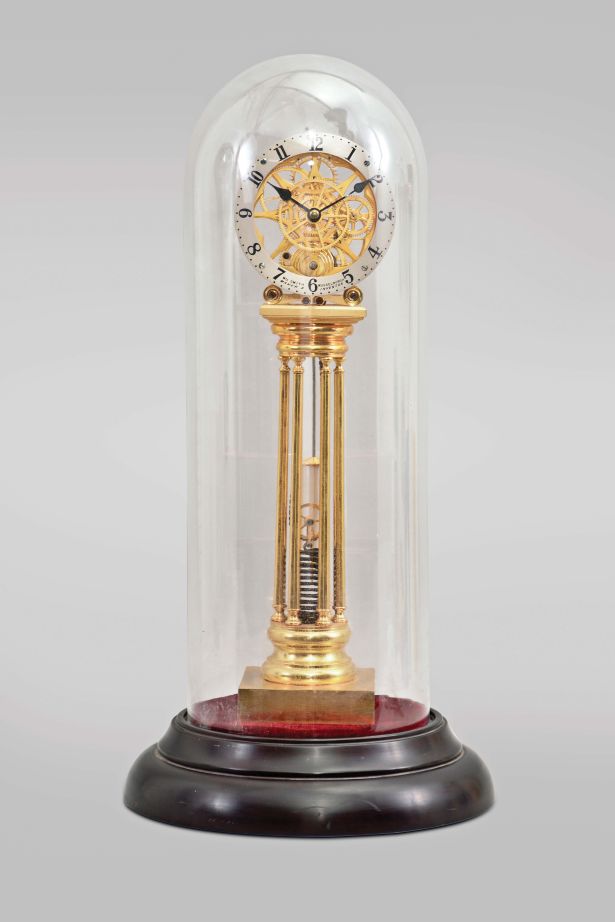 Asian, modern reproduction fusee skeleton clock under glass dome, 8 day, time only exposed movement powered by an extended coiled spring, silvered chapter ring reading "WU Smith, Musselburgh / Maker & Inventor", mounted on a velvet-covered black molded base, late 20th century.