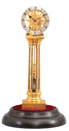 Asian, modern reproduction fusee skeleton clock under glass dome, 8 day, time only exposed movement powered by an extended coiled spring, silvered chapter ring reading "WU Smith, Musselburgh / Maker & Inventor", mounted on a velvet-covered black molded base, late 20th century.