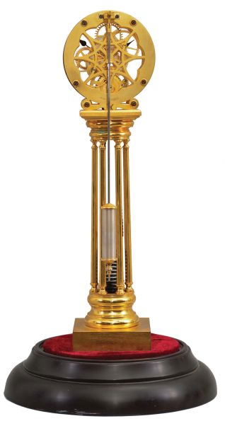 Asian, modern reproduction fusee skeleton clock under glass dome, 8 day, time only exposed movement powered by an extended coiled spring, silvered chapter ring reading "WU Smith, Musselburgh / Maker & Inventor", mounted on a velvet-covered black molded base, late 20th century.