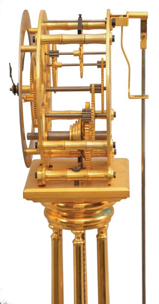 Asian, modern reproduction fusee skeleton clock under glass dome, 8 day, time only exposed movement powered by an extended coiled spring, silvered chapter ring reading "WU Smith, Musselburgh / Maker & Inventor", mounted on a velvet-covered black molded base, late 20th century.