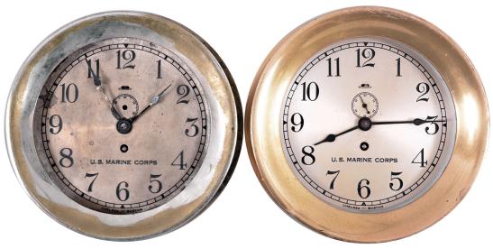Clocks- 2 (Two) Chelsea Marine Corps: Chelsea Clock Co., Boston, Mass., for U.S. Marine Corps, marine clock, 8 day, time only, spring-driven balance wheel movement in brass cases with hinged bezels, 6 inch silvered dials with subsidiary seconds.