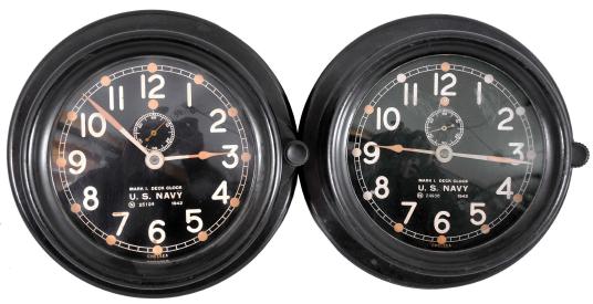 Clocks- 2 (Two) Chelsea Deck Clocks: Chelsea Clock Co., Boston, for U. S. Navy, "Mark I-Deck Clock", 8 day, time only, spring-driven balance wheel movements in black phenolic cases with black dials, white hands and numbers, subsidiary seconds, both with rear mounting plates, dated 1942.