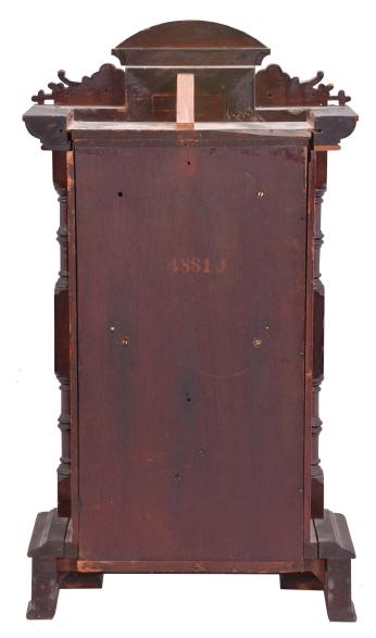 Seth Thomas Clock Co., Thomaston, Conn., "Hecla" shelf clock with a spring driven time and quarter strike movement in a walnut case.