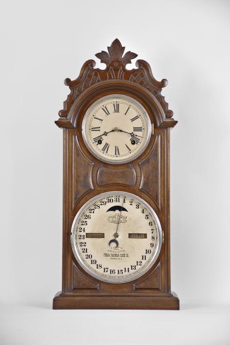 Ithaca Calendar Clock Co., Ithaca, NY, "No. 8 Shelf Library", 8 day, time and strike double dial calendar shelf clock.