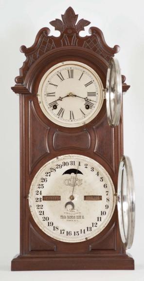 Ithaca Calendar Clock Co., Ithaca, NY, "No. 8 Shelf Library", 8 day, time and strike double dial calendar shelf clock.