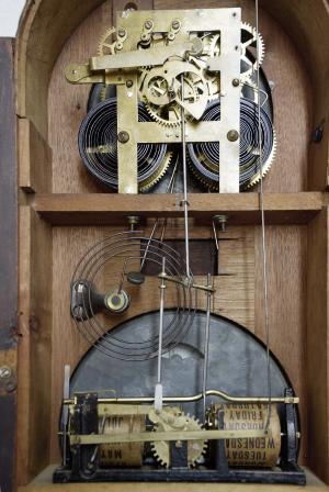 Ithaca Calendar Clock Co., Ithaca, NY, "No. 8 Shelf Library", 8 day, time and strike double dial calendar shelf clock.