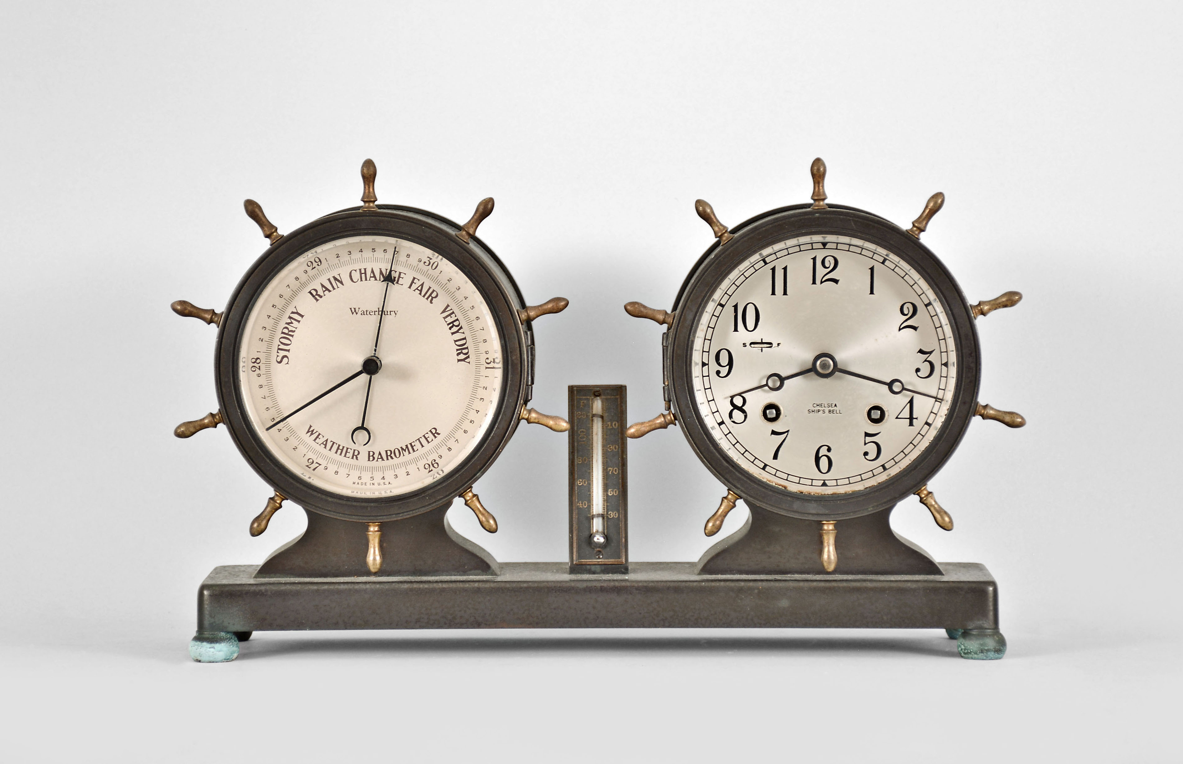 Waterbury Ship's bell clock, barometer, and thermometer desk set