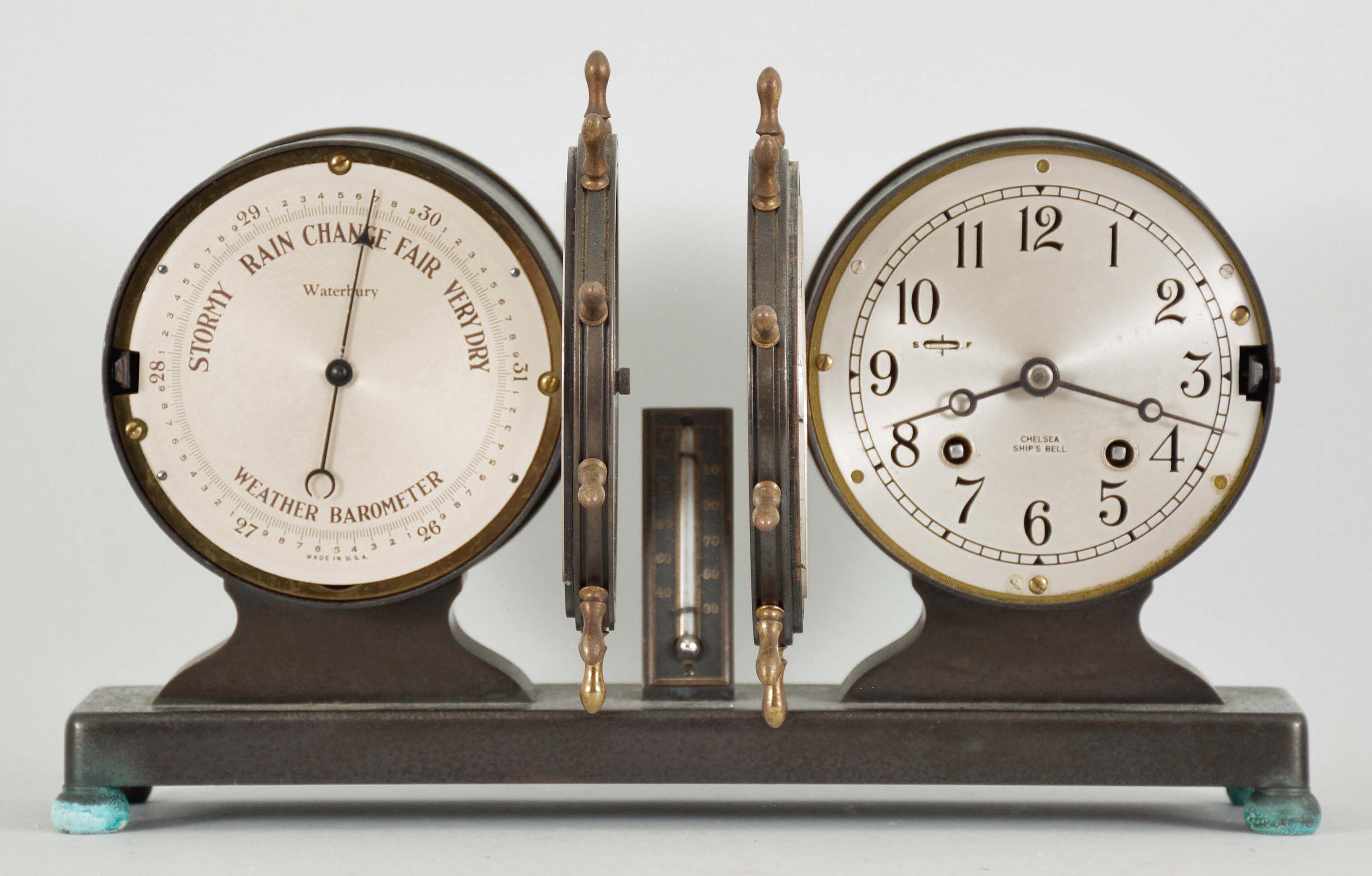 Waterbury Ship's bell clock, barometer, and thermometer desk set