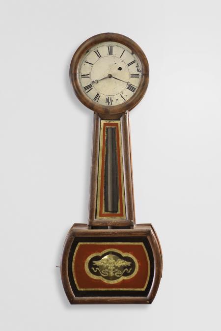 George D. Hatch, North Attleboro, Mass., 8 day, weight driven brass movement patent or banjo timepiece.