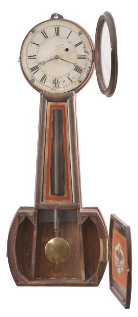 George D. Hatch, North Attleboro, Mass., 8 day, weight driven brass movement patent or banjo timepiece.